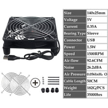 Load image into Gallery viewer, Gdstime 5V USB Router Fan 80mm 92mm 120mm 140mm DIY TV Box Ball/Sleeve Cooler W/Controller &amp; Protective Net Desktop Cooling Fan