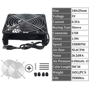 Gdstime 5V USB Router Fan 80mm 92mm 120mm 140mm DIY TV Box Ball/Sleeve Cooler W/Controller &amp; Protective Net Desktop Cooling Fan